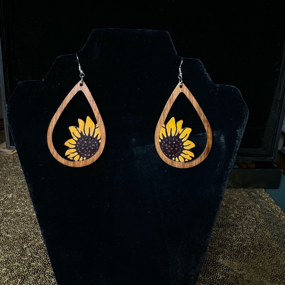 Sunflower Teardrop Wooden Earrings